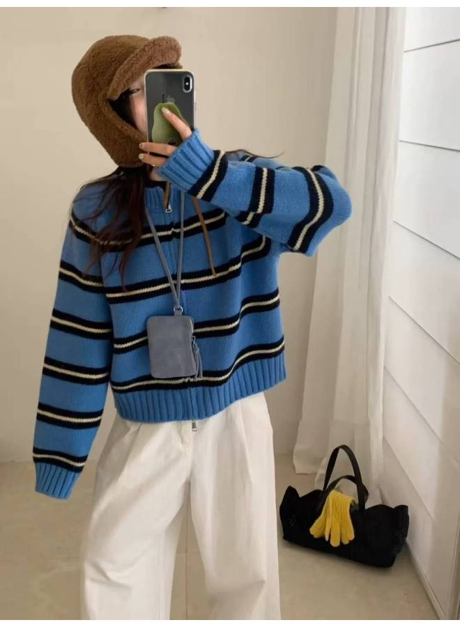Leyuan Autumn Winter Double Zipper Contrast Color Stripe Round Neck Knitted Cardigan Coat Loose Lazy Women's Sweater - Image 4