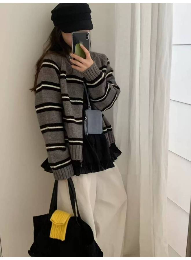 Leyuan Autumn Winter Double Zipper Contrast Color Stripe Round Neck Knitted Cardigan Coat Loose Lazy Women's Sweater - Image 1