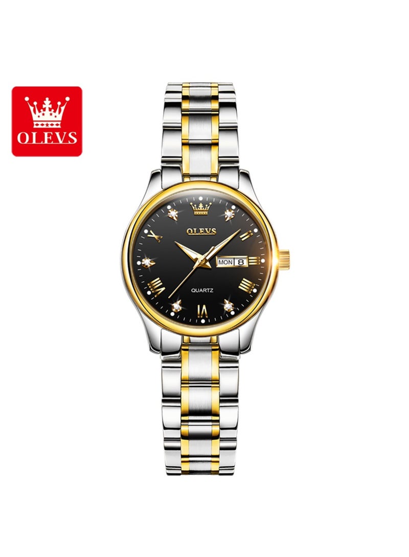 أوليفز OLEVS ساعة نسائية فاخرة – مؤشرات مرصعة، وجه أسود، سوار فولاذي ثنائي اللون