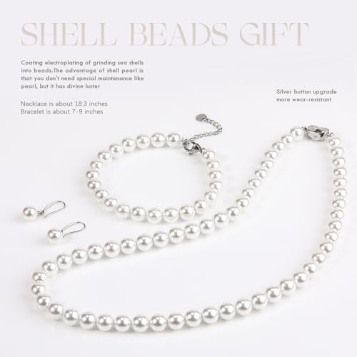 AOOVOO Pearl Necklace and Earring Set, 18 Inch Pearl Necklace for Women, 8mm Round Shell Pearl Set - Image 2