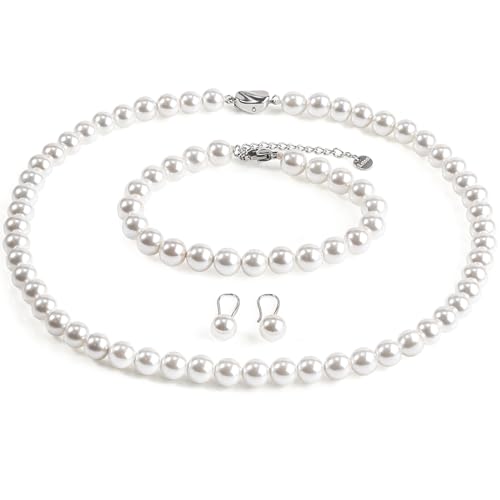 AOOVOO Pearl Necklace and Earring Set, 18 Inch Pearl Necklace for Women, 8mm Round Shell Pearl Set - Image 1