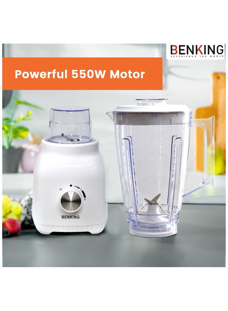 BENKING BENKING 2-in-1 Countertop Blender, 550W | 1.5L Plastic Jug | Stainless Steel Blades for Shakes, Smoothies, Puree & Ice Crushing | Auto Clean & Multifunctional Juicer BK5813 White  - Image 3