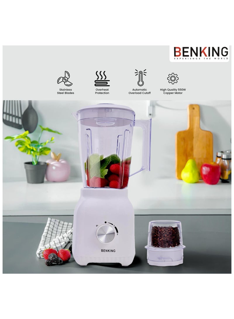 BENKING BENKING 2-in-1 Countertop Blender, 550W | 1.5L Plastic Jug | Stainless Steel Blades for Shakes, Smoothies, Puree & Ice Crushing | Auto Clean & Multifunctional Juicer BK5813 White  - Image 4