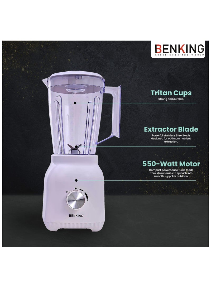BENKING BENKING 2-in-1 Countertop Blender, 550W | 1.5L Plastic Jug | Stainless Steel Blades for Shakes, Smoothies, Puree & Ice Crushing | Auto Clean & Multifunctional Juicer BK5813 White  - Image 5