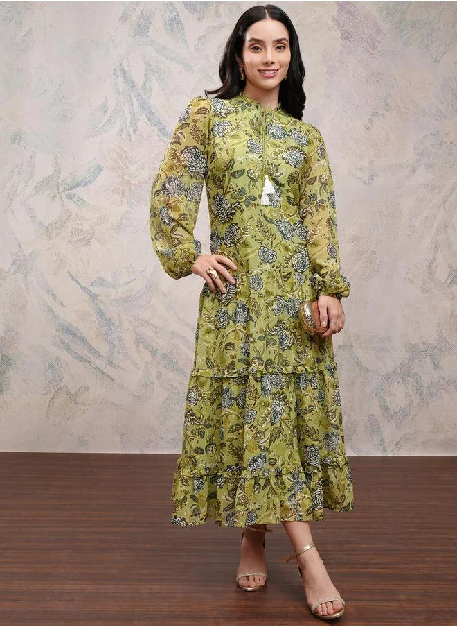 Vishudh Vishudh Women Floral Printed Tie-Up Neck A-Line Maxi Dress