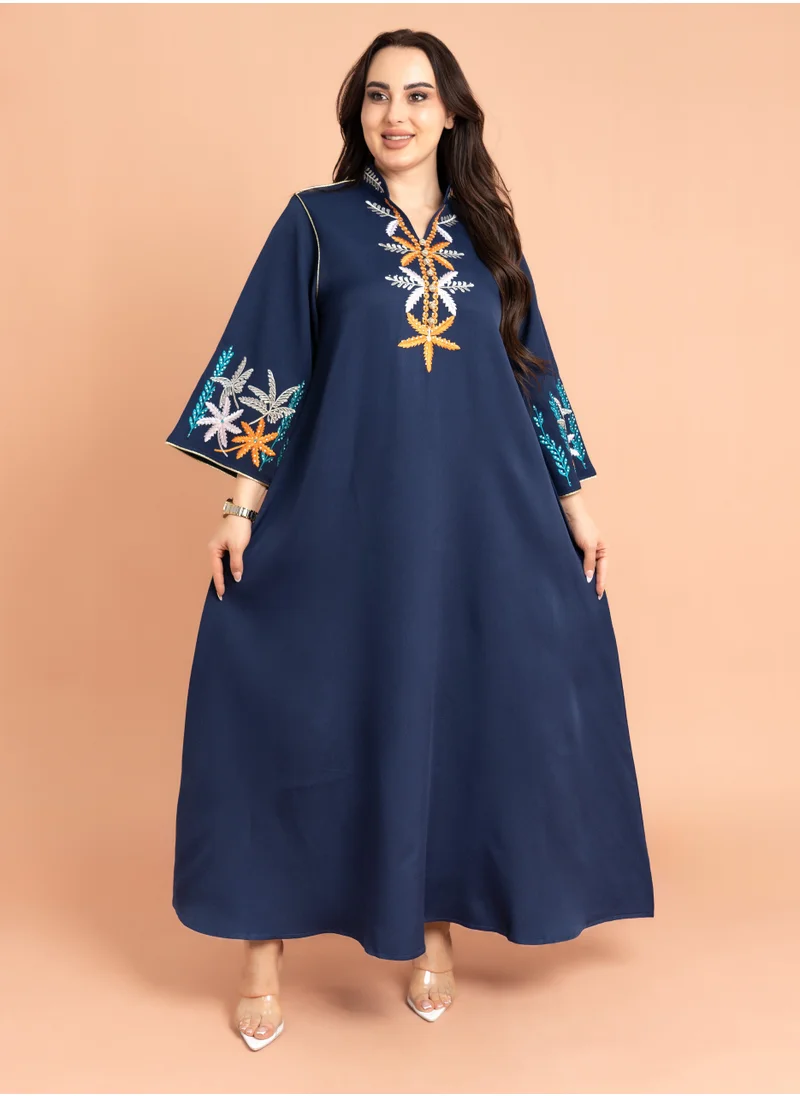 اكسا جلابية سادة  تطريز انيق IK3010 ازرق