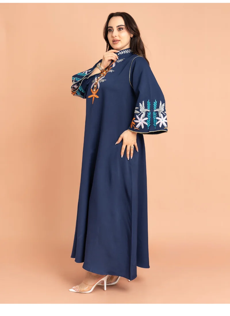 اكسا جلابية سادة  تطريز انيق IK3010 ازرق