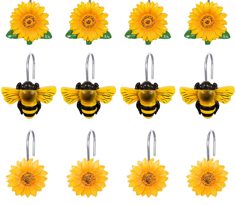 Whaline 12Pcs Shower Curtain Hooks Yellow Sunflower Bee Decorative Resin Curtain Hanger Hooks Rings for Spring Summer Holiday Bathroom Ornament Decoration Supplies 3 Designs