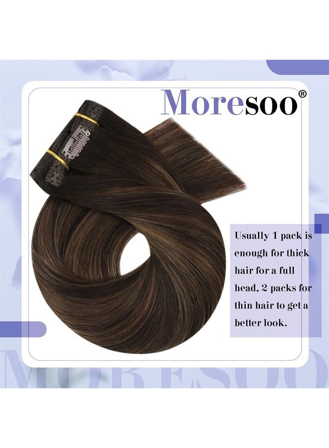 Moresoo Brown Clip in Hair Extensions Real Human Hair Dark Brown to Chestnut Brown Ombre Clip in Human Hair Extenisons Balayage Remy Hair Extensions Clip Ins Dark Brown Human Hair 16inch 120g 7pcs - Image 4