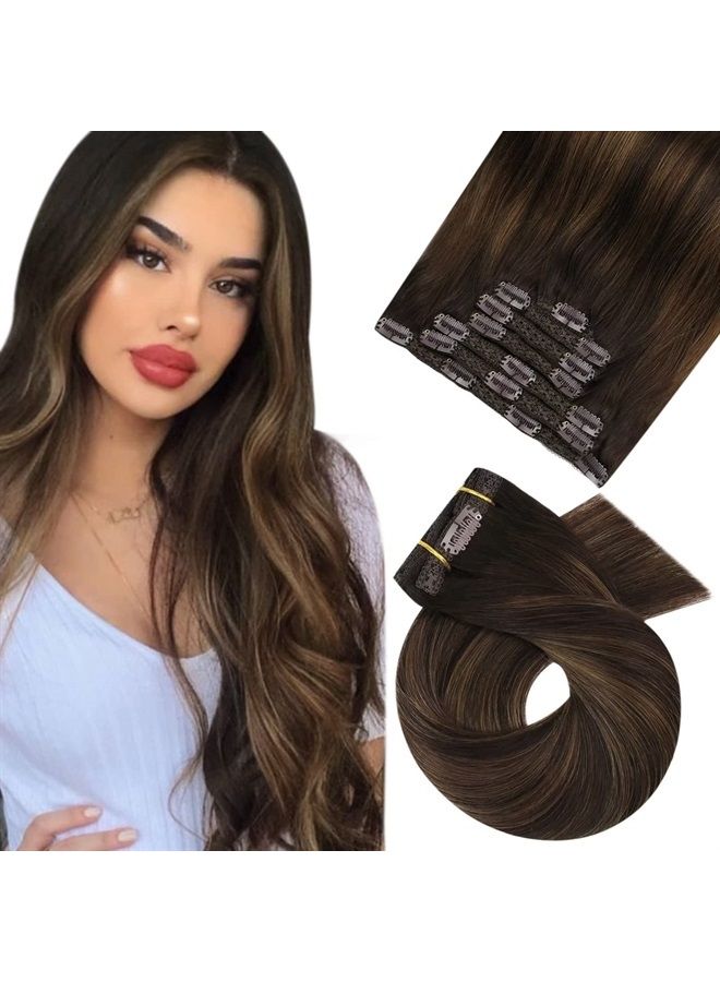 Moresoo Brown Clip in Hair Extensions Real Human Hair Dark Brown to Chestnut Brown Ombre Clip in Human Hair Extenisons Balayage Remy Hair Extensions Clip Ins Dark Brown Human Hair 16inch 120g 7pcs - Image 1