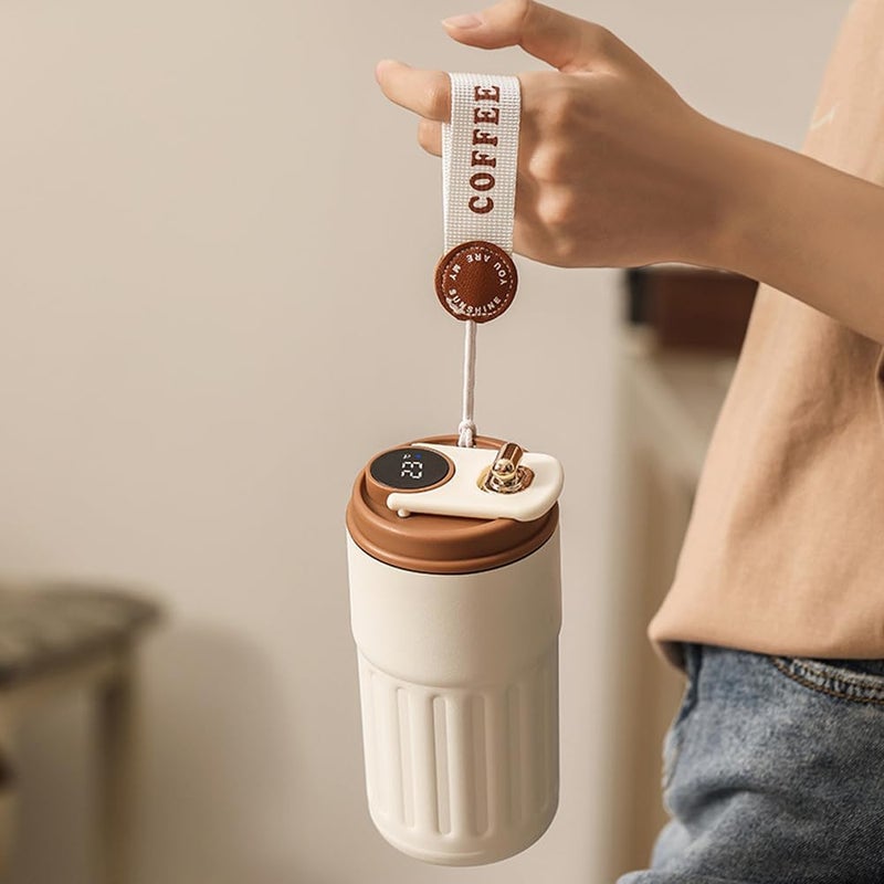 JUGTE JUGTE Coffee Mug Cup Digital Display Thermos Flasks 460 ml 316 Stainless Steel Travel Mug Insulated Vacuum Thermal Mug LeakProof Travel Mug with Lid for Coffee White Brown - Image 2