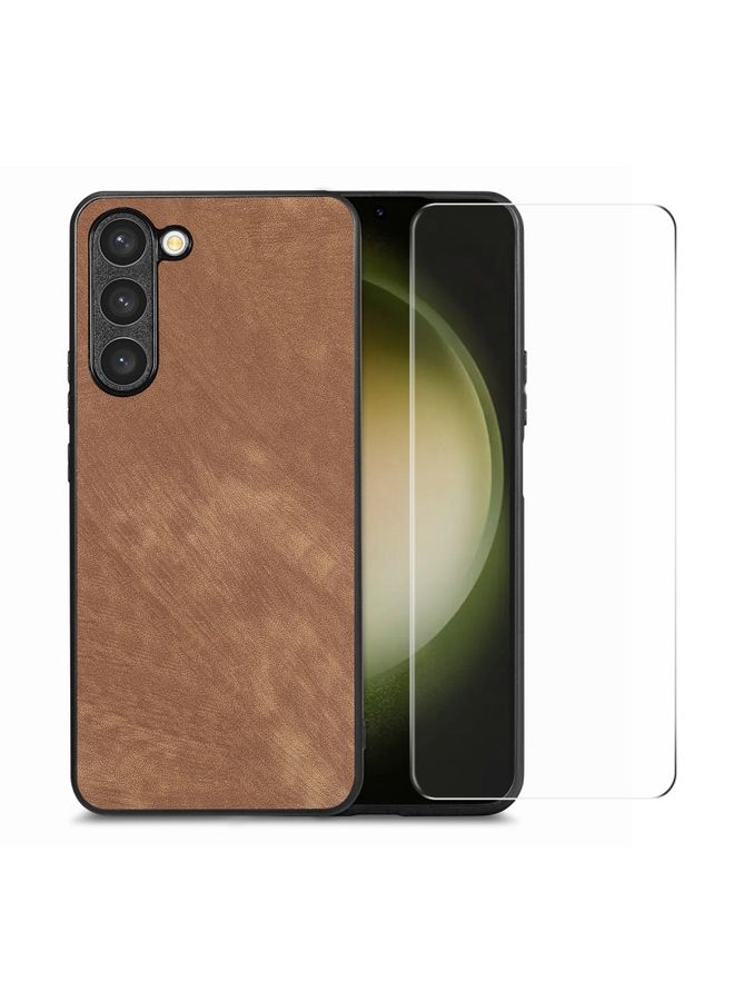 Case Cover For Samsung Galaxy S23 5G ENKAY Retro Leather Skin PC Phone Case with 0.18mm Glass Film Brown