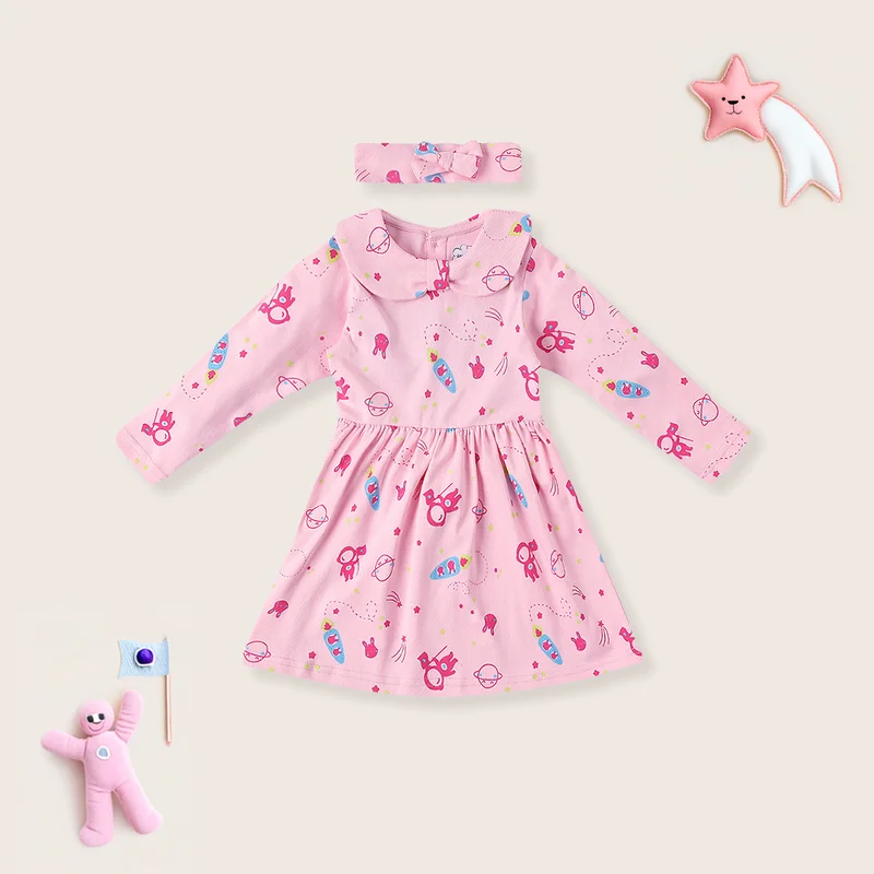 نوتيناتي Nautinati Infants Cotton Peter Pan Bow Collar Printed Dress with Headband