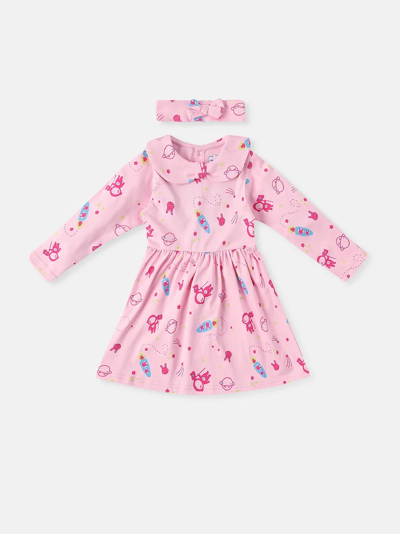 نوتيناتي Nautinati Infants Cotton Peter Pan Bow Collar Printed Dress with Headband