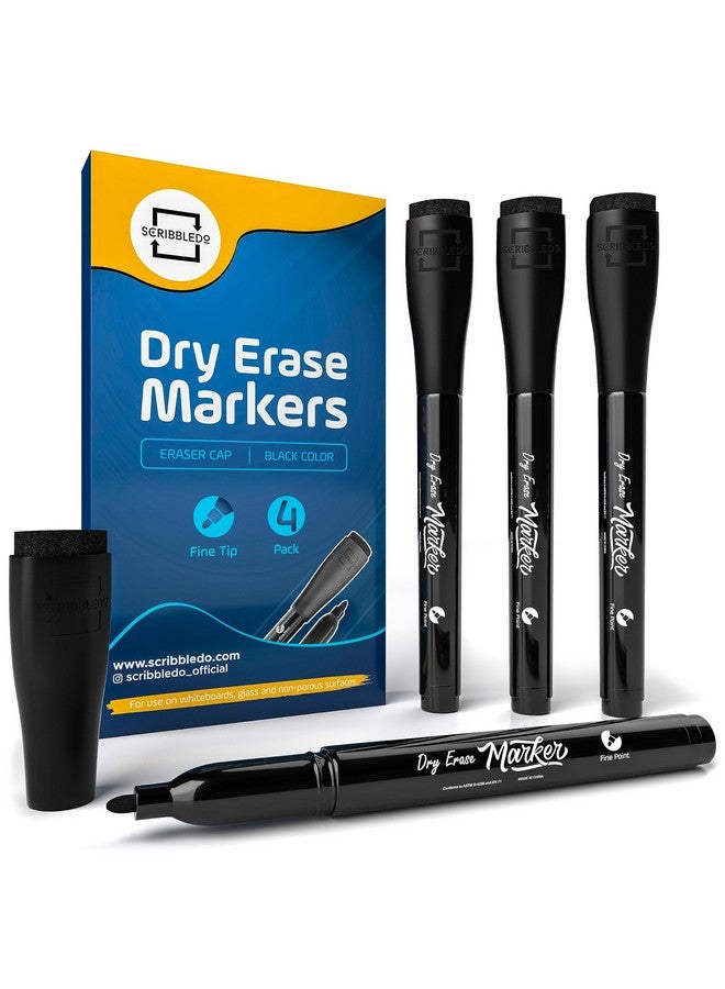 Scribbledo 4 Pack Dry Erase Markers Fine Tip Black Color Low Odor Whiteboard Markers With Eraser Cap - Image 1