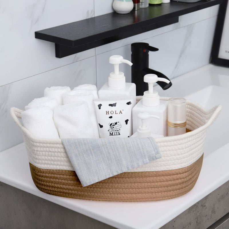 ABenkle Small Storage Basket with Handles, Cotton Rope Woven Dog Cat Toy Bin, Decorative Shelves Closet Organizing for Nursery Laundry Bedroom Bathroom, 14.2''x 11''x 5.1'' - Image 4