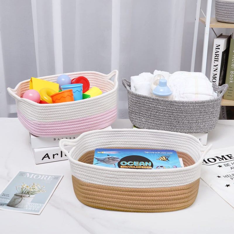 ABenkle Small Storage Basket with Handles, Cotton Rope Woven Dog Cat Toy Bin, Decorative Shelves Closet Organizing for Nursery Laundry Bedroom Bathroom, 14.2''x 11''x 5.1'' - Image 5