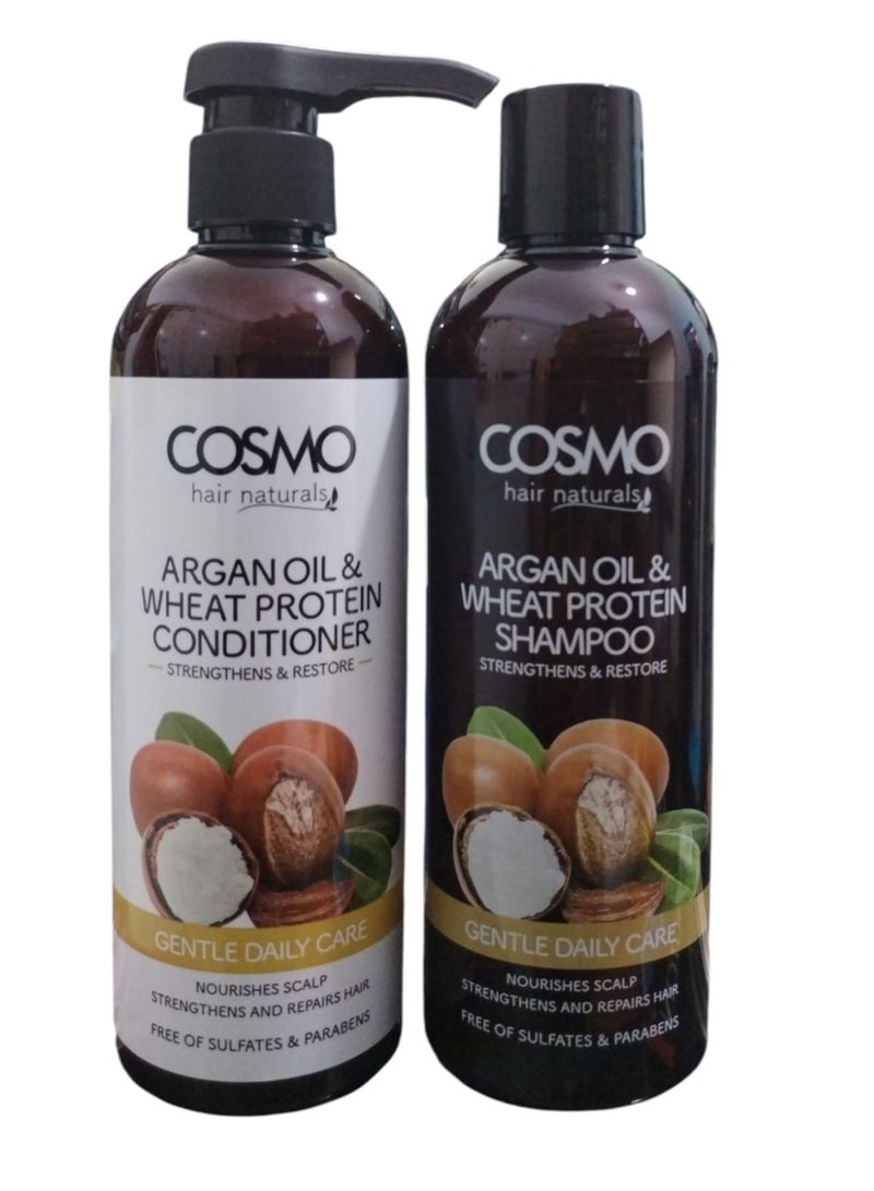 كوزمو شامبو &بلسم بزيت الارجان وبروتين القمح خالي من السولفات يقوي ويجدد خلايا الشعر من الجذور الى الاطراف 480+480ملي