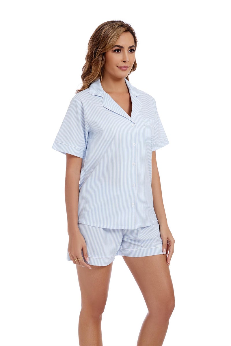 LUBOT 100% Cotton Women's Pajamas Set Button-Down Two-piece PJ Set Short Sleeve Printed Patterned Summer Sleepwear Loungewear (Light Blue Strip, M) - Image 3