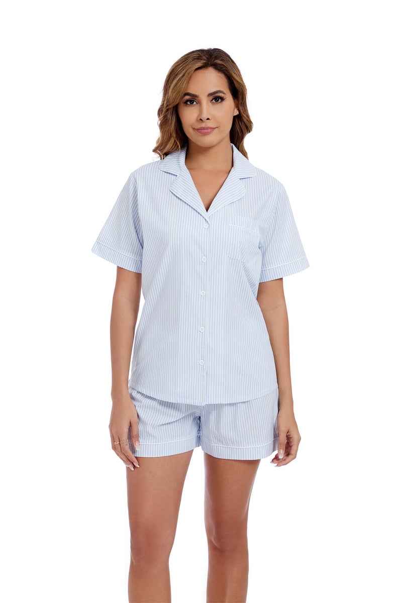 LUBOT 100% Cotton Women's Pajamas Set Button-Down Two-piece PJ Set Short Sleeve Printed Patterned Summer Sleepwear Loungewear (Light Blue Strip, M) - Image 4