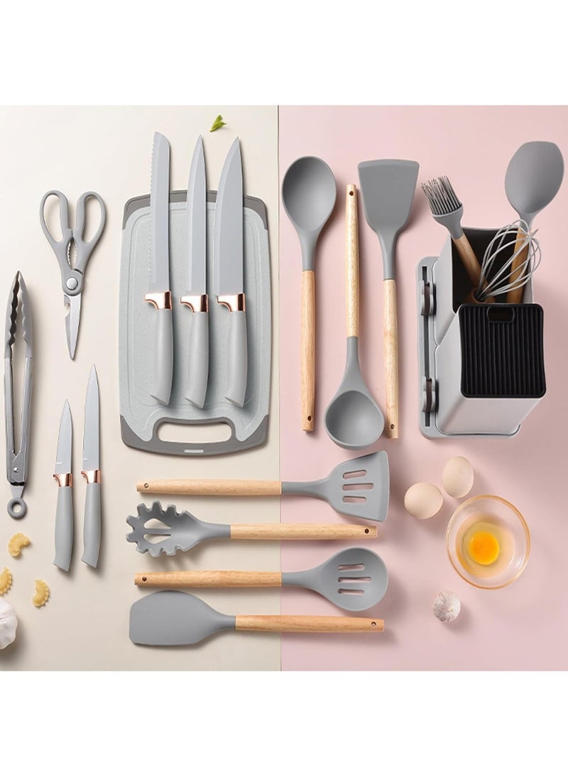 Silicone Kitchen Utensil Set 19-Piece - Wooden Handle Non-Stick Cooking Tools, Heat Resistant Spatula Set with Knife Set & Holder, BPA-Free Kitchen Cooking Gadget Kit - Image 4