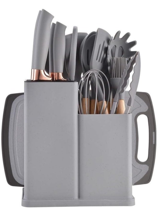 Silicone Kitchen Utensil Set 19-Piece - Wooden Handle Non-Stick Cooking Tools, Heat Resistant Spatula Set with Knife Set & Holder, BPA-Free Kitchen Cooking Gadget Kit - Image 5