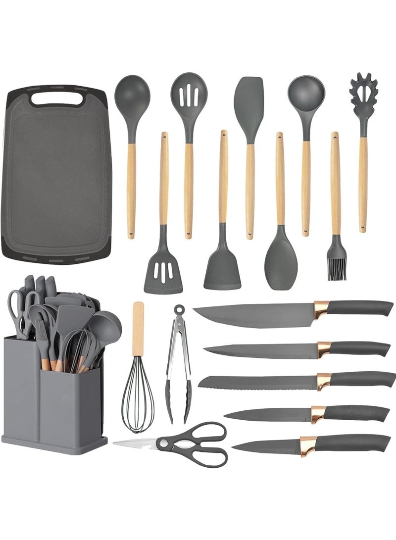 Silicone Kitchen Utensil Set 19-Piece - Wooden Handle Non-Stick Cooking Tools, Heat Resistant Spatula Set with Knife Set & Holder, BPA-Free Kitchen Cooking Gadget Kit - Image 1