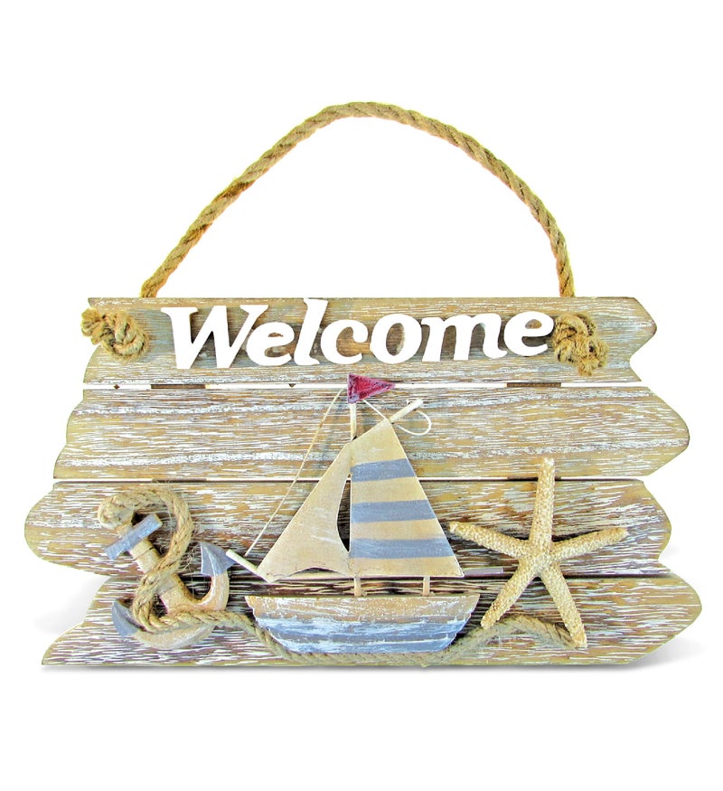 CoTa Global Vintage Welcome Nautical Decor Sign  Nautical Themed Wood Sign Beach Decor for Wall Novelty Vintage Starfish Sailboat and Anchor Hanging Wooden Figure