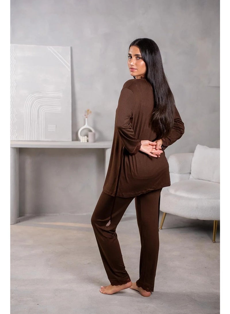 طقم بيجامة بني 3 قطع - Image 3