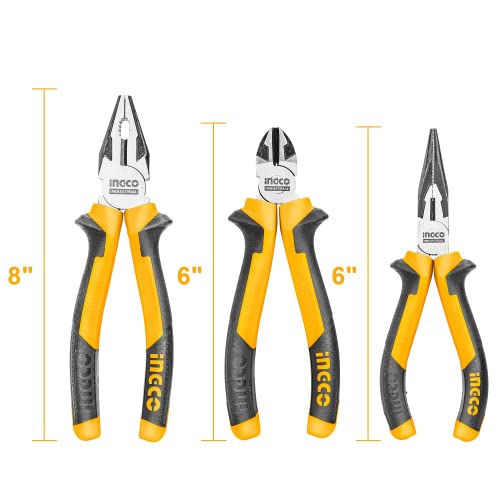 INGCO Pliers Set, 3 PCS PACK, 8" Combination Pliers, 6" Diagonal Cutting Pliers, 6" Long Nose Pliers - Image 3
