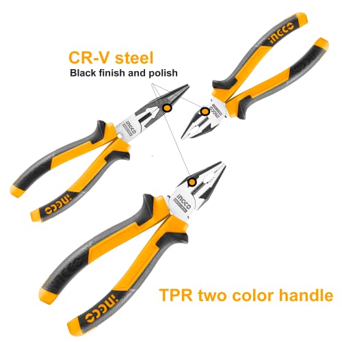 INGCO Pliers Set, 3 PCS PACK, 8" Combination Pliers, 6" Diagonal Cutting Pliers, 6" Long Nose Pliers - Image 2