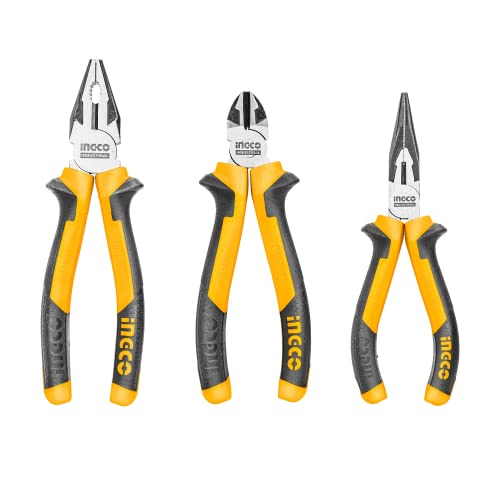 INGCO Pliers Set, 3 PCS PACK, 8" Combination Pliers, 6" Diagonal Cutting Pliers, 6" Long Nose Pliers - Image 1