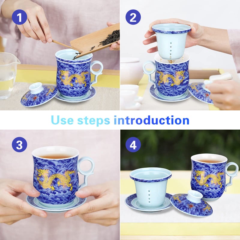 YURROAD YURROAD Tea Cup with Infuser Lid and Saucer Sets - Jingdezhen Ceramics Mug Chinese Porcelain Teacup Loose Leaf Tea Brewing System for Home Office Personal Portable Mug TC400 - Blue, 13.5oz / 400ml  - Image 5