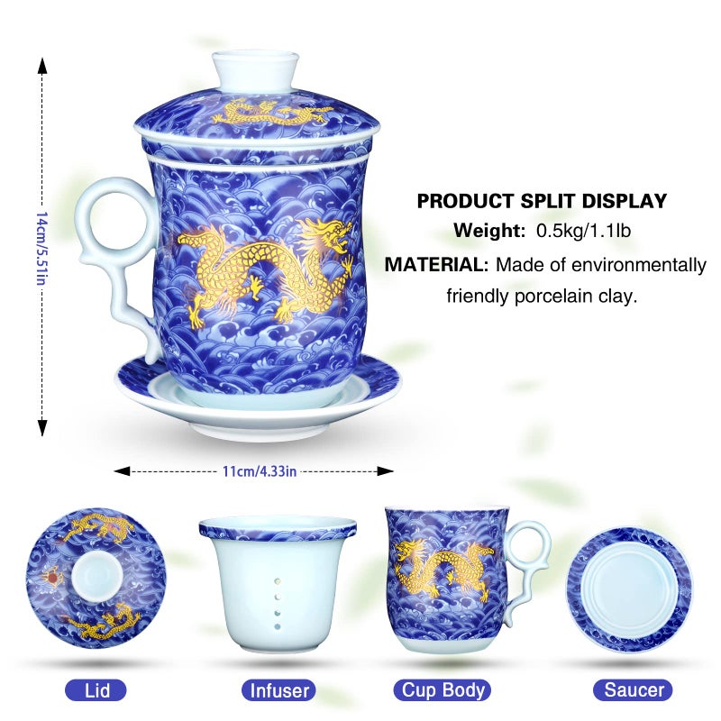 YURROAD YURROAD Tea Cup with Infuser Lid and Saucer Sets - Jingdezhen Ceramics Mug Chinese Porcelain Teacup Loose Leaf Tea Brewing System for Home Office Personal Portable Mug TC400 - Blue, 13.5oz / 400ml  - Image 3