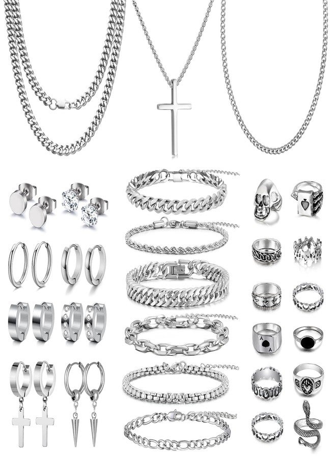 FEYIR 37 Pcs Jewelry Set for Men Stainless Steel Cuban Link Necklace Bracelet Vintage Rings Hoop Stud Earrings Mens Fashion Jewelry - Image 1
