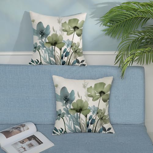 JEFERSO Floral Pillow Covers 18x18 Inch Set of 2 Blue Sage Green Throw Pillows Vintage Flowers Seasonal Decorative Spring Summer Outdoor Pillow Cases Farmhouse Linen Cushion Cover for Couch Home Decor - Image 4