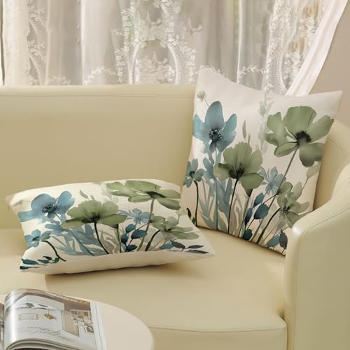 JEFERSO Floral Pillow Covers 18x18 Inch Set of 2 Blue Sage Green Throw Pillows Vintage Flowers Seasonal Decorative Spring Summer Outdoor Pillow Cases Farmhouse Linen Cushion Cover for Couch Home Decor - Image 5