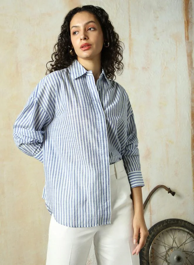 HIGH STAR Women's Navy Blue 100% Cotton Striped Button Down Oversized Shirt