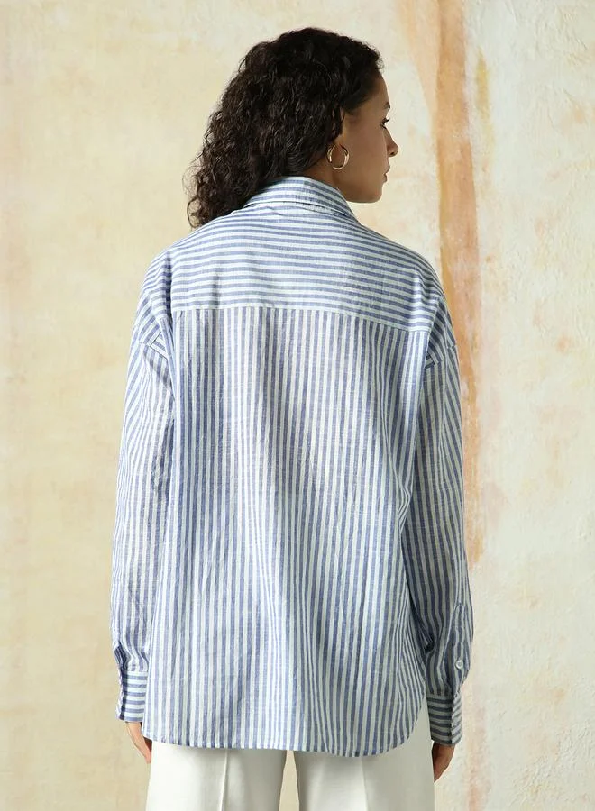 HIGH STAR Women's Navy Blue 100% Cotton Striped Button Down Oversized Shirt