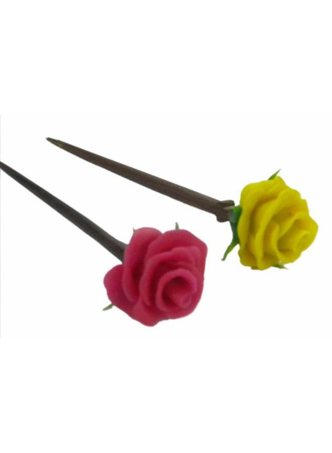 Unique Indian Crafts Hand made wooden Juda pin with procelain clay work pair