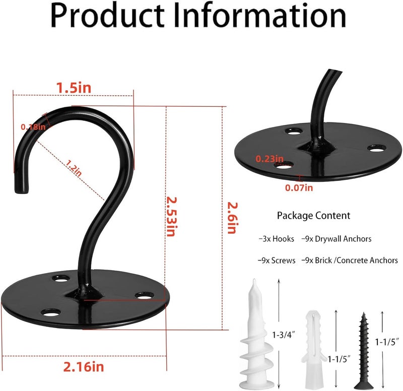 LangPu Ceiling Hooks for Hanging Plants-Heavy Duty Wall Mount Hanger Bracket for Hanging Bird Feeders, Lanterns, Wind Chimes, Planters, Outdoor Decoration (3 Pack) (Black) - Image 2