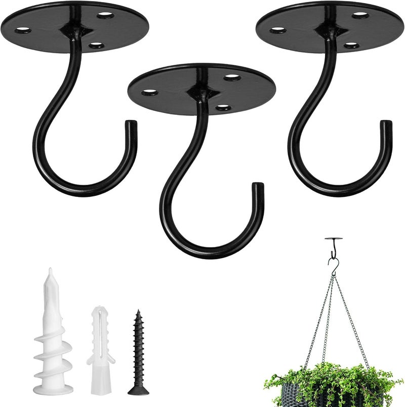 LangPu Ceiling Hooks for Hanging Plants-Heavy Duty Wall Mount Hanger Bracket for Hanging Bird Feeders, Lanterns, Wind Chimes, Planters, Outdoor Decoration (3 Pack) (Black) - Image 1