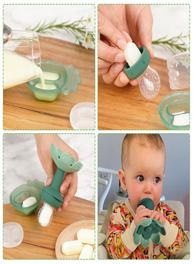Haakaa Flower Baby Fresh Fruit Food Feeder with Mini Freezer Nibble Tray, Breastmilk Popsicle Mold for Baby Cooling Relief, Food Grade Silicone Baby Mesh Feeder for Infants 4M+ (PeaGreen) - Image 3