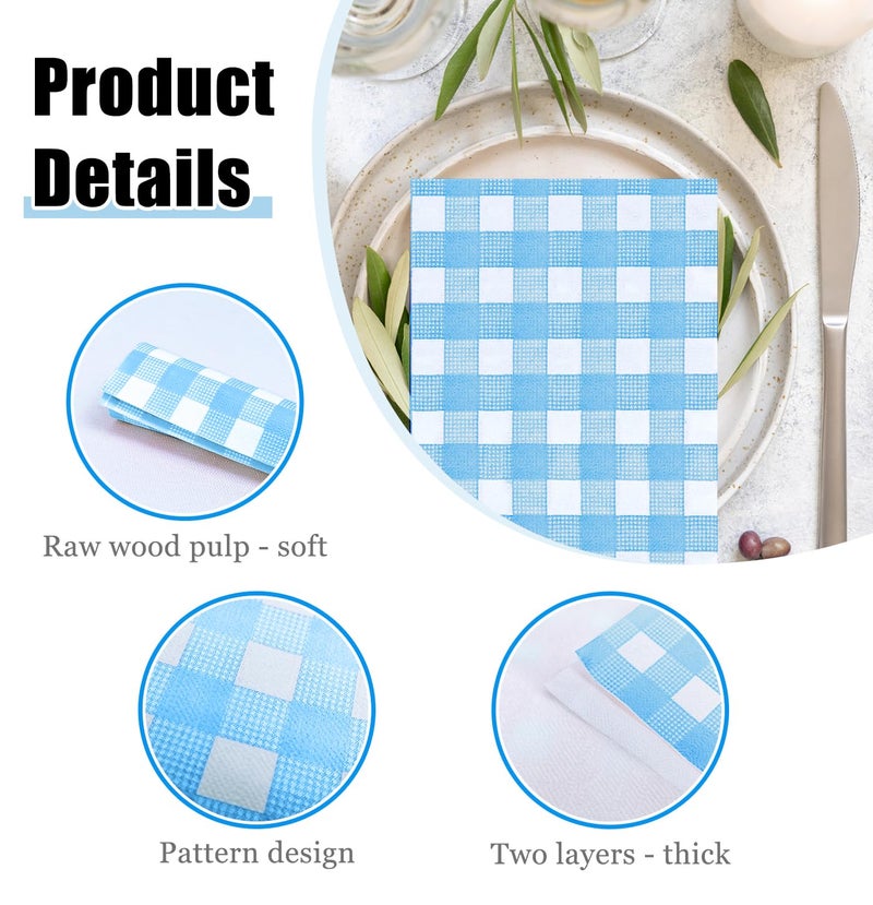 HEIPINIUYE 50 Pieces 2-ply Light Blue Gingham Napkins - Disposable Blue and White Checkered Napkins for Wedding  Birthday Party  Bathroom  Guest - Image 3