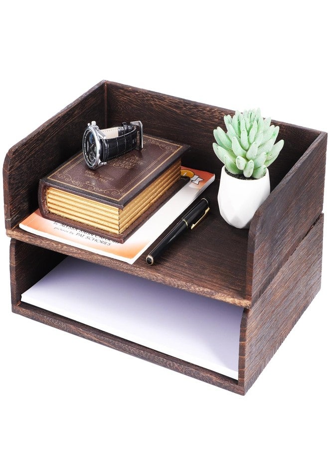 DORMIYA 2 Pcs Stackable Desk Tray, Wood Document Organizer, Retro Brown Desktop Accessories with Open Front Design, Wooden Folder Organization Rack Desk Tray for Office, Home, 12.4 x 9.4 x 3.5 in - Image 1