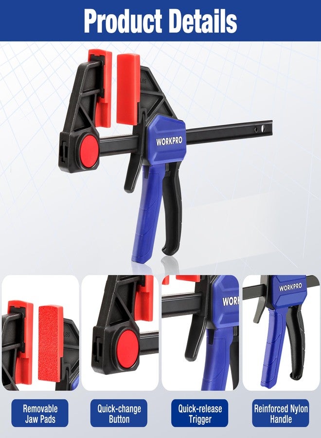 ووركبرو مشابك قضبان صغيرة من WORKPRO لأعمال النجارة، 6 قطع من مشابك القضبان/الموزعة بيد واحدة، مجموعة مشابك خشبية خفيفة الوزن سريعة التغيير مقاس 6 بوصات (4) ومشبك F صغير مقاس 6 بوصات (2)، 150 رطلاً و50 رطلاً - Image 4