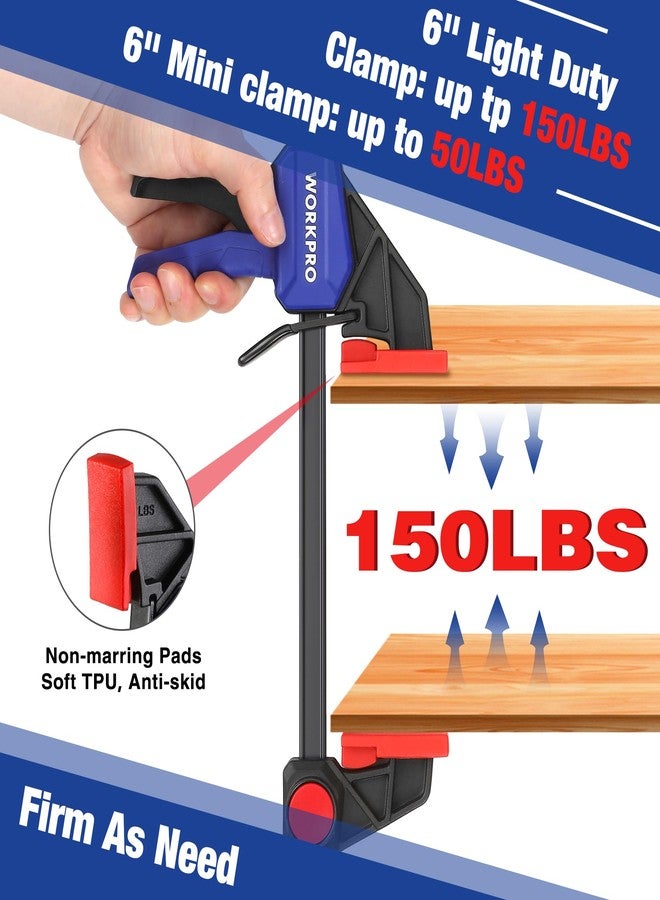 ووركبرو مشابك قضبان صغيرة من WORKPRO لأعمال النجارة، 6 قطع من مشابك القضبان/الموزعة بيد واحدة، مجموعة مشابك خشبية خفيفة الوزن سريعة التغيير مقاس 6 بوصات (4) ومشبك F صغير مقاس 6 بوصات (2)، 150 رطلاً و50 رطلاً - Image 2