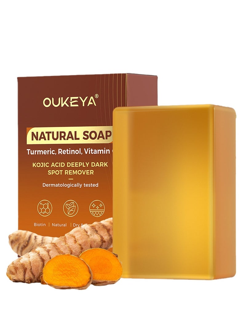OUKEYA Kojic Acid Dark Spot Remover Soap, Turmeric Soap Bar with Vitamin C, E, Retinol, Collagen & Shea Butter, Hydrating Face & Body Wash Infused with Hyaluronic Acid 115g - Image 1