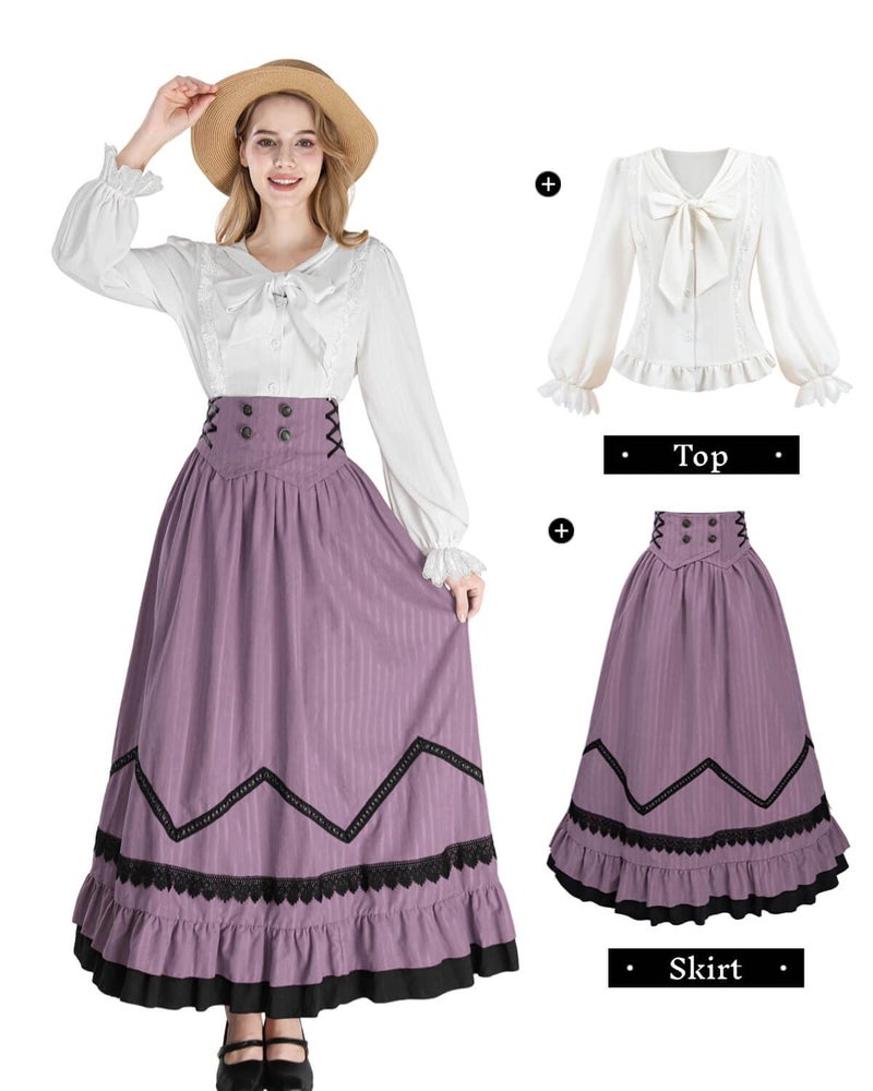 Nuoqi Edwardian Dress for Women 1800s Victorian Dress Costume Edwardian Costume Blouse Skirt Set, Purple, Medium - Image 2