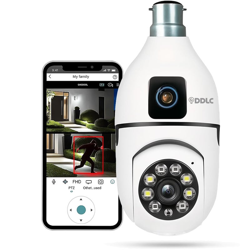DDLC كاميرا CCTV ذكية على شكل مصباح واي فاي لاسلكي داخلية وخارجية 360° للأمن المنزلي مع تسجيل مستمر 24x7 مع مستشعر حركة، تتبع تلقائي صوت ثنائي الاتجاه، (عدسة مزدوجة مصباح ضوئي) - Image 1